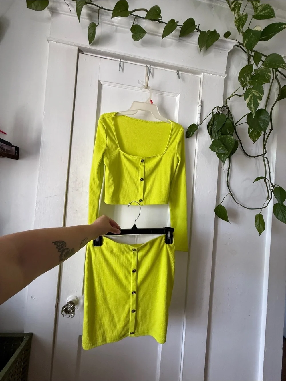 Women’s Neon Lime Long Sleeve Button-Front Top & matching skirt set